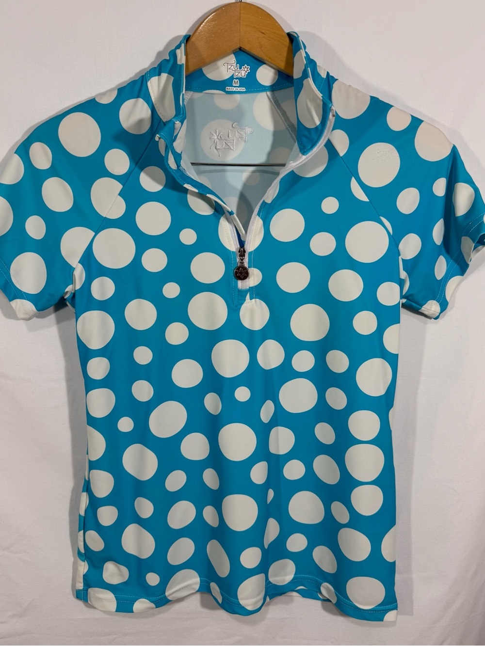 Tzu Tzu Aqua Polka Dot Short Sleeve Zip Golf Top